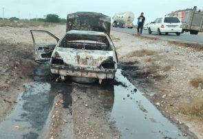 حریق خودرو پژو ۴۰۵ در جاده بندرعباس – میناب 