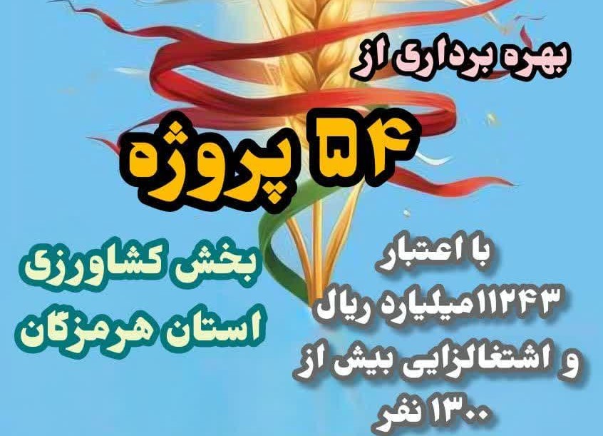  بهره برداری از ۵۴ پروژه بخش کشاورزی در هرمزگان با بیش از ۱۱ هزار میلیارد ریال سرمایه‌گذاری و اشتغالزایی ۱۳۰۰ نفر